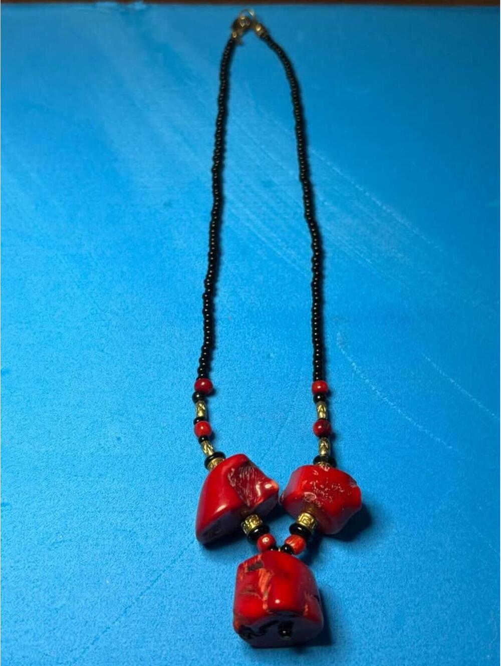 Red Coral and Black Bead Statement Necklace